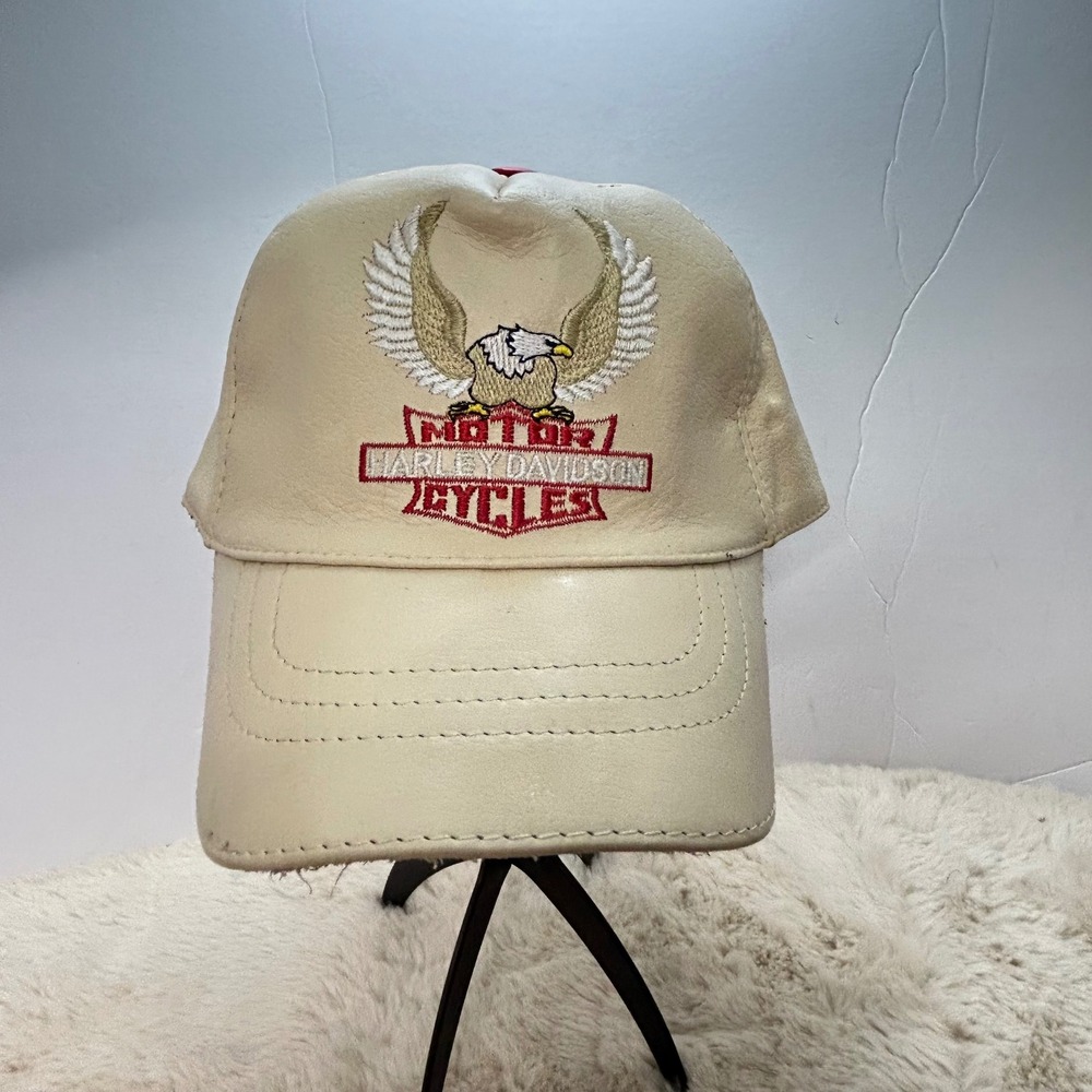 Rare Vintage Harley Davidson Eagle Embroidered Cream Leather Baseball Cap Hat